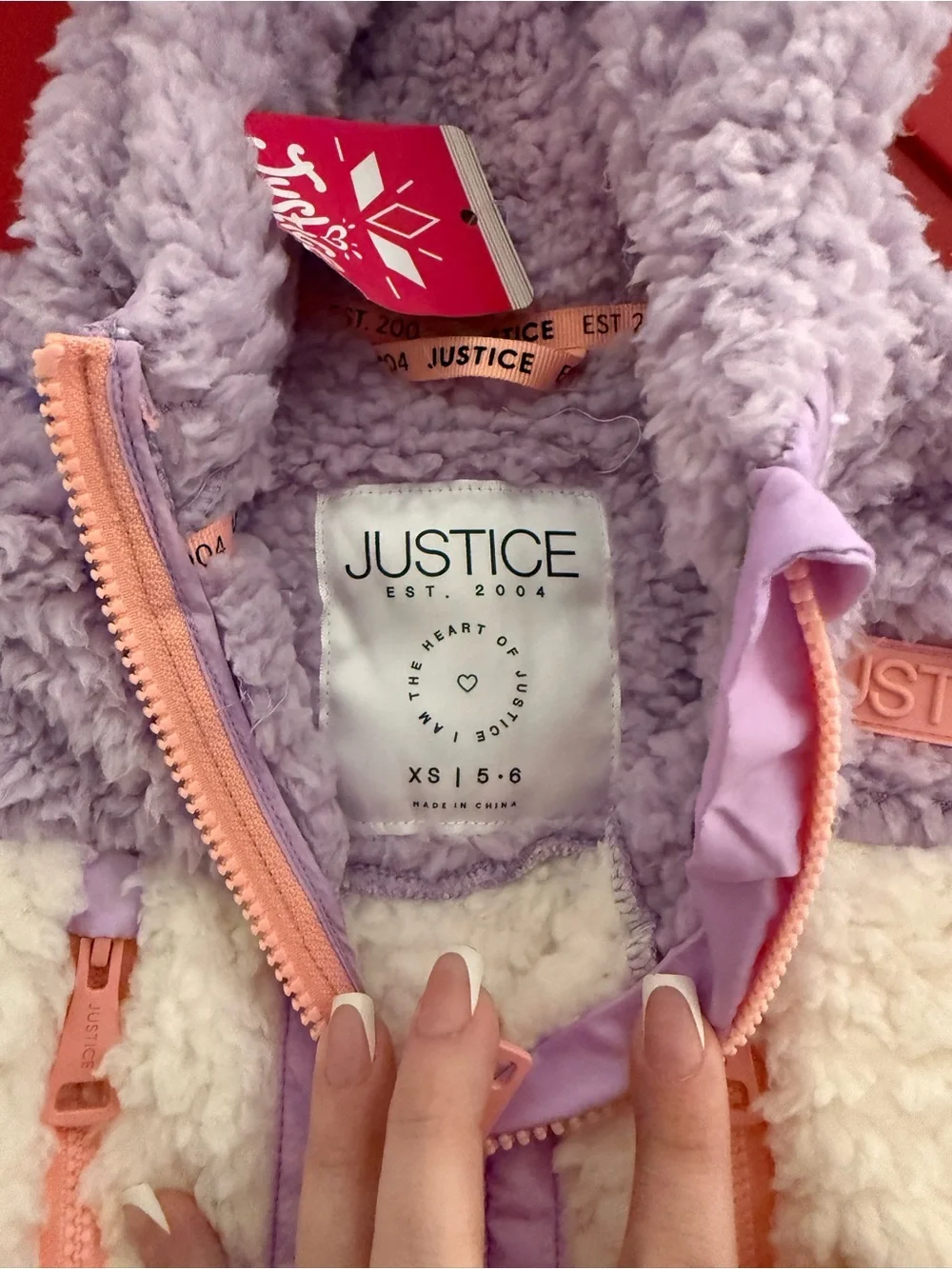Justice Cream and Lilac Sherpa Hooded Puffer Jacket with Peach Accents